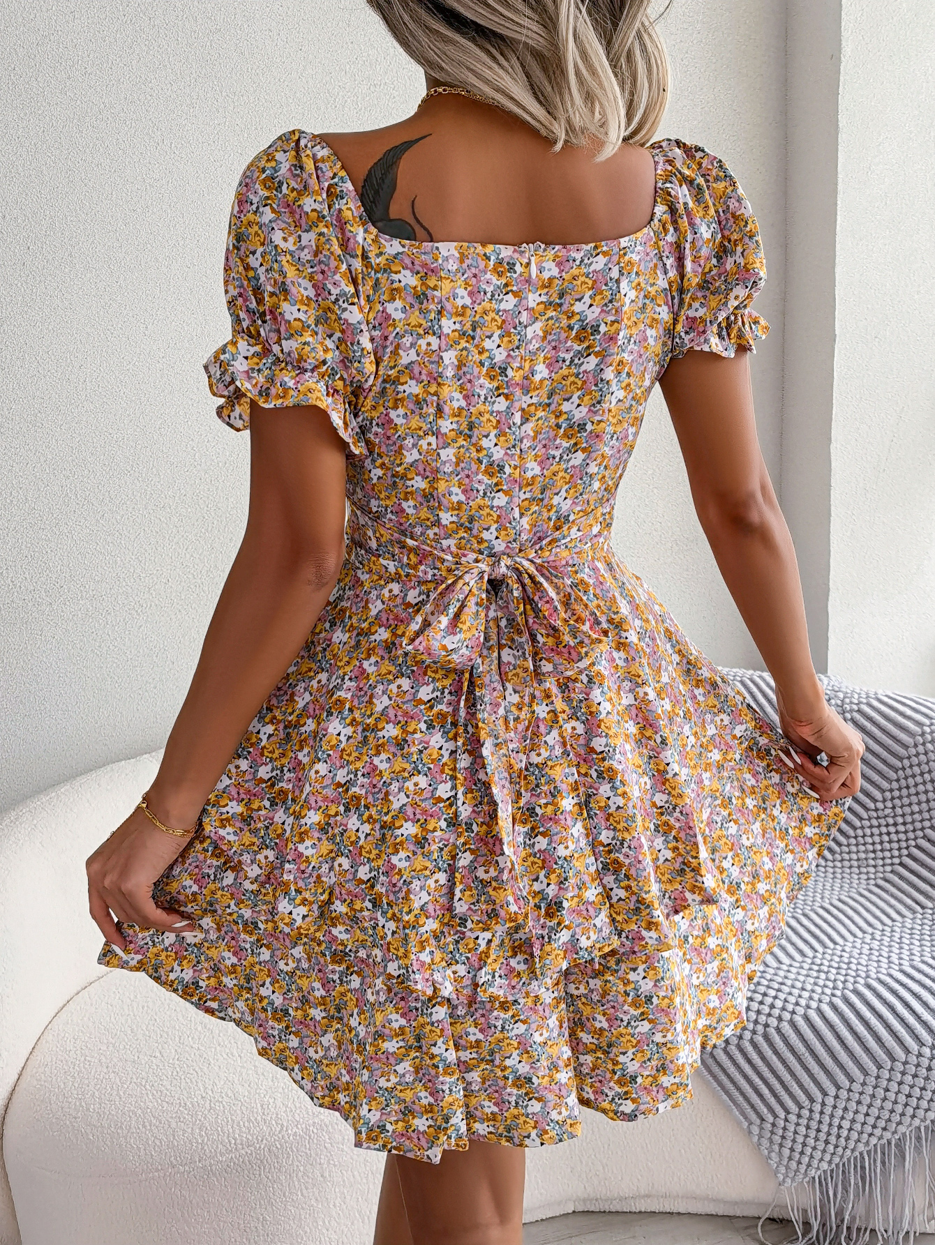 Women  Elegant Floral Print Tie Waist Flowy Dress
