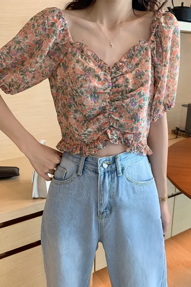 V neck Floral Chiffon Shirt Female Summer Korean Style Small Shirt Super Fairy Sweet And Thin Short sleeved Short Top Pink - Shop at LoveMi