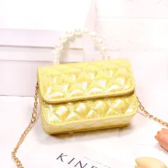 Bright PU Fashion Pearl Handbag Trendy Messenger Bag Female Bag - Gold - View 1