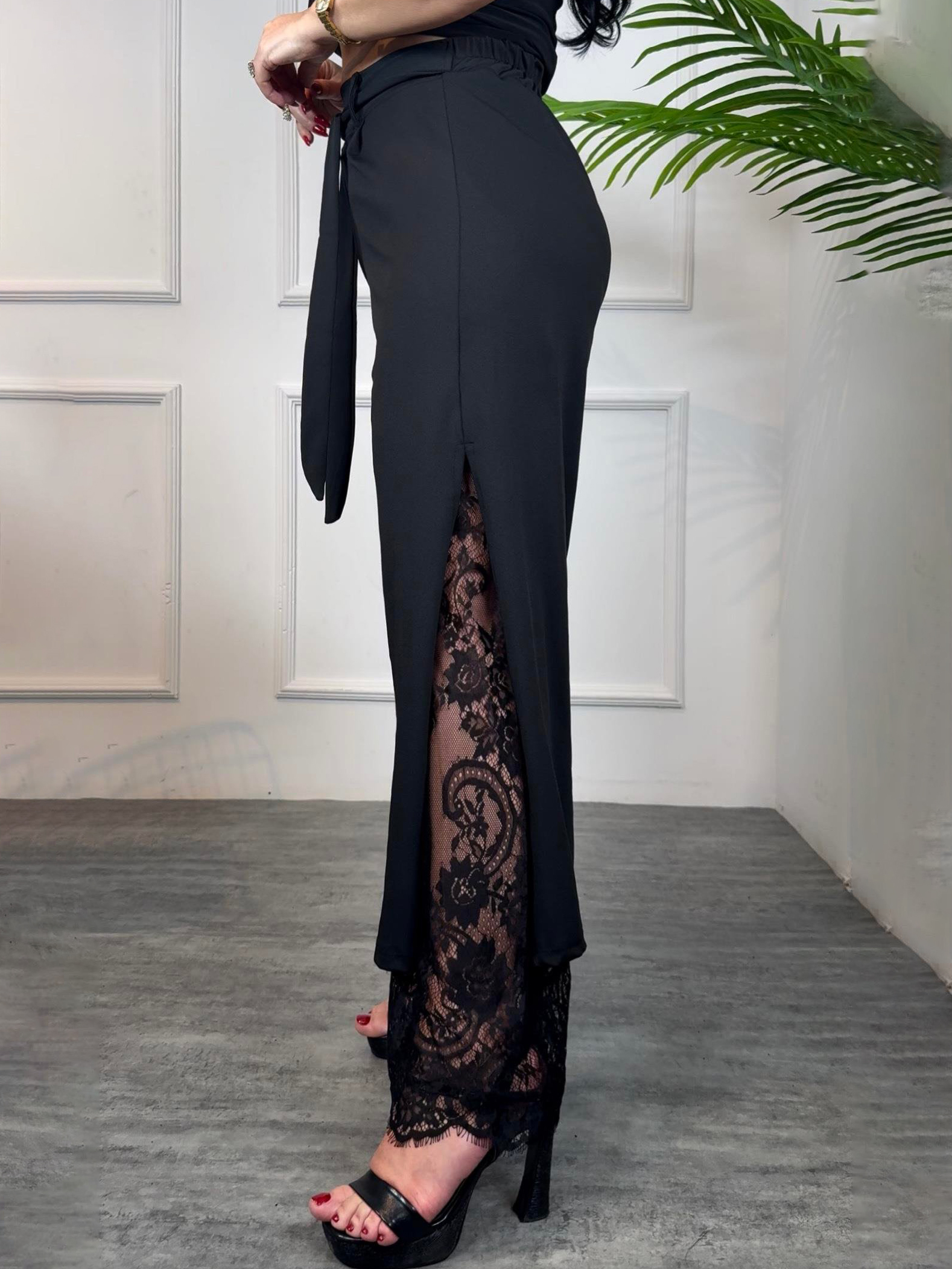 Black Lace Panel Lace-Up Pants