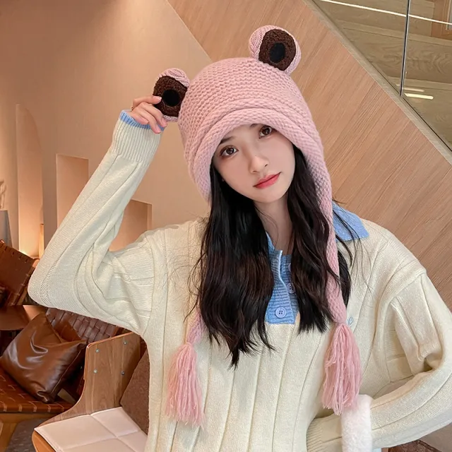 Frog Knitted Warmth Neck One Piece Woolen Hat For Women Pink - Shop at LoveMi