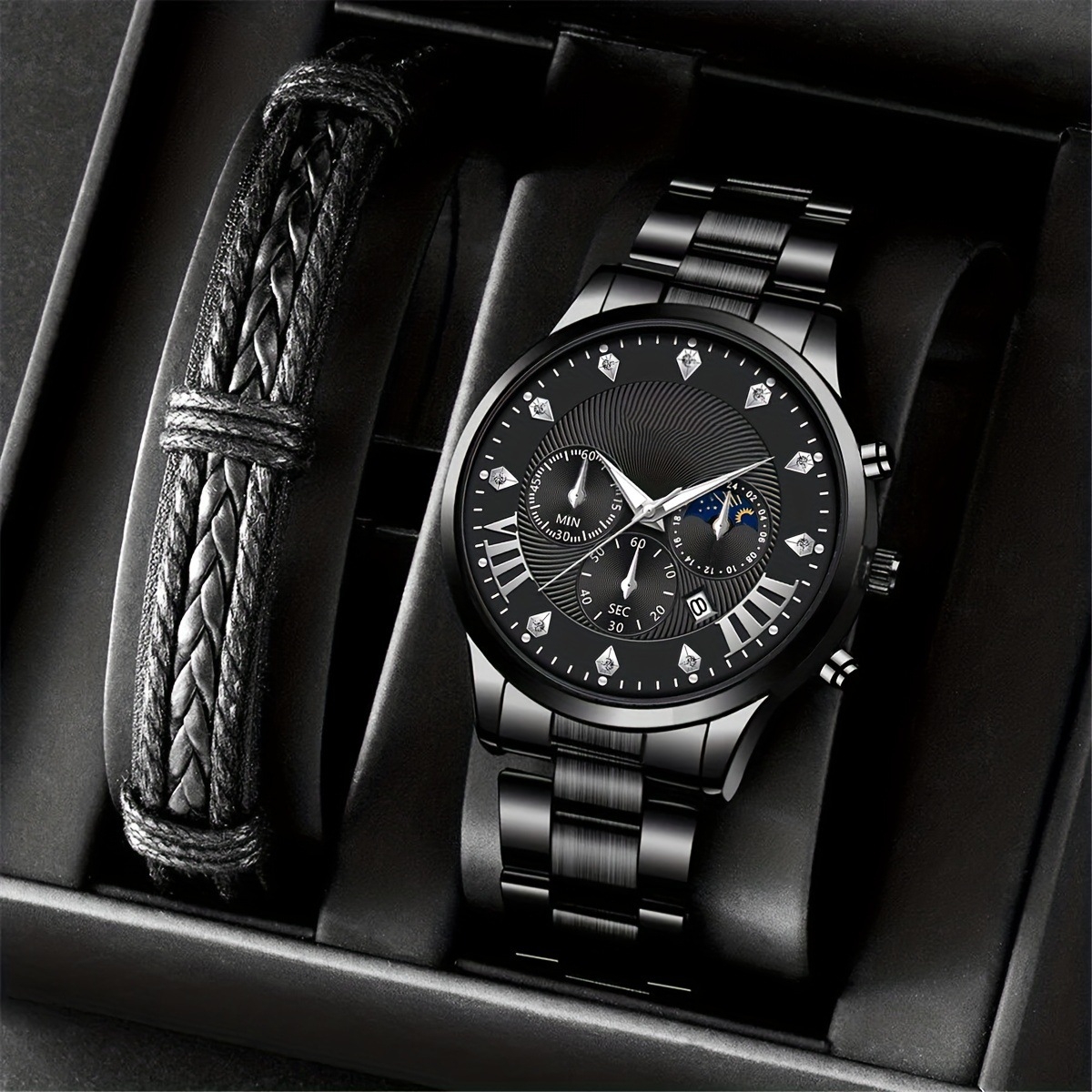 Diamond Men's Steel Strap Watch Sun Moon Star Calendar Quartz