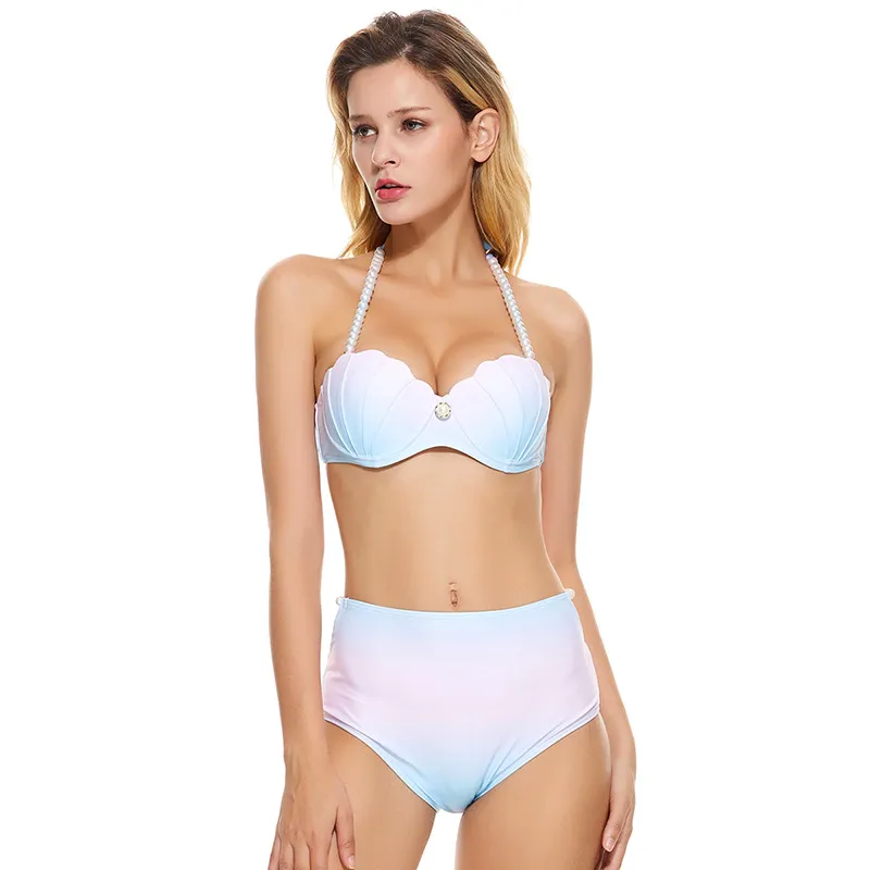 Gradient Shell Split High Waist Pants Underwire Gathering - White