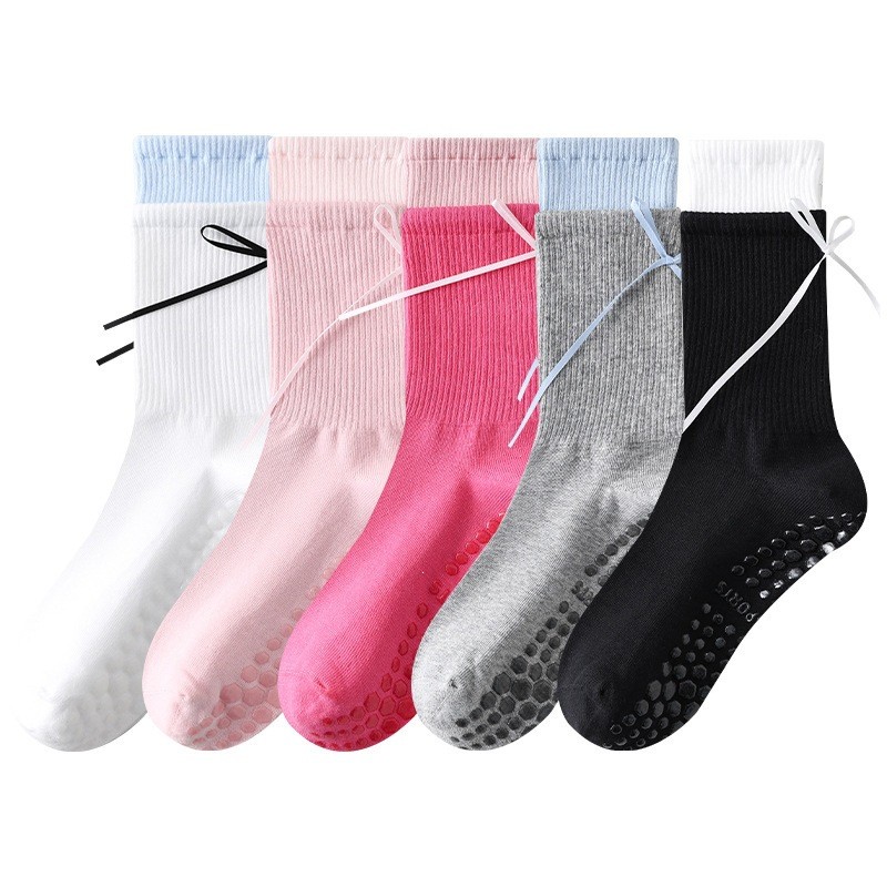 Yoga Socks, Mid Tube, Pure Cotton, Anti Slip Silicone, Indoor Fitness Pilates, Double Ribbed Boneless Sports Socks, Color Blocked 6