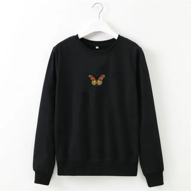 Butterfly Embroidery Cropped Short Long sleeved Sweater Black - Shop at LoveMi