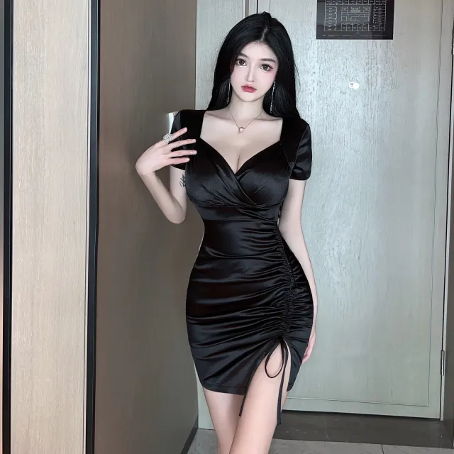 Pleated Drawstring Short Sleeve Tight Hip Wrap Dress Black - Shop at LoveMi