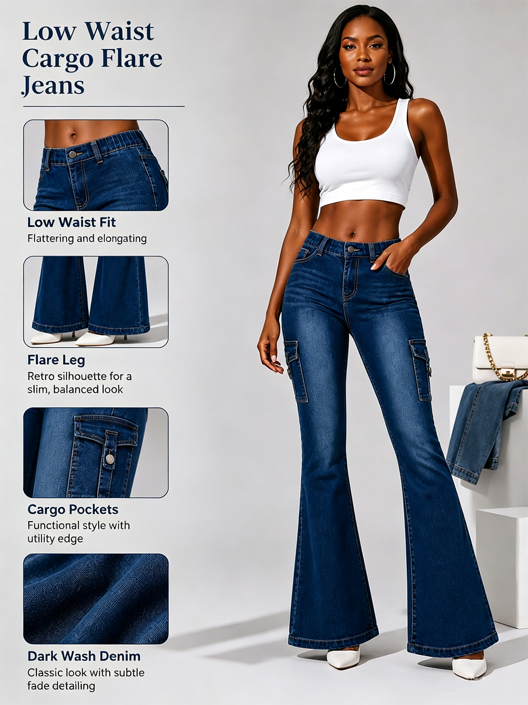 Women's High-quality Stretch Vintage Washed Cargo Flare Jeans, Y2K Style, Casual And Versatile, Suitable For All Seasons — foto 3