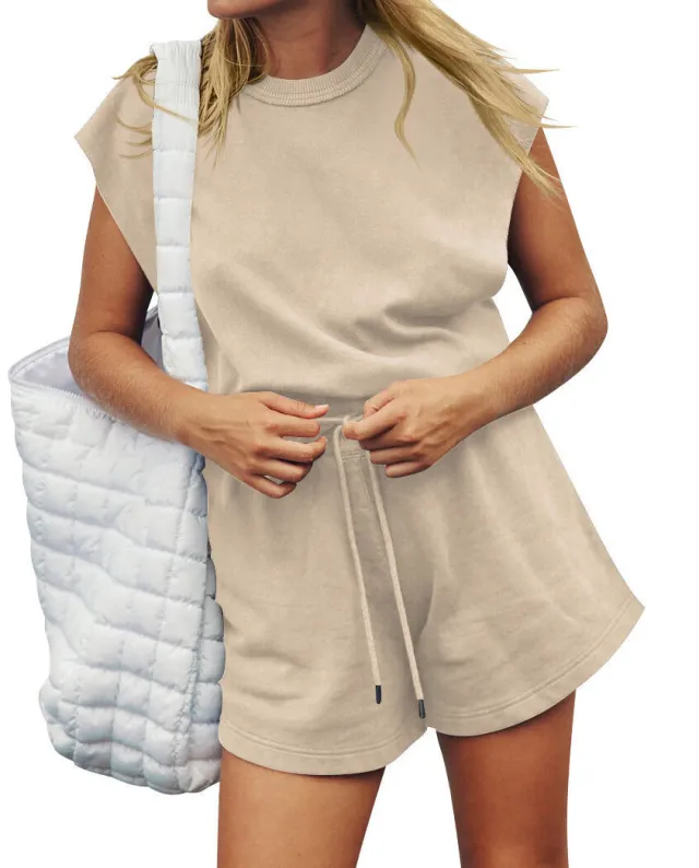 Summer Sleeveless Backless Jumpsuit Casual Loose Top And Drawstring Shorts Overall For Womens Clothing Oatmeal - Shop at LoveMi