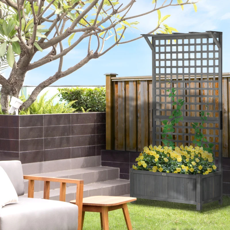 Wood Planter With Trellis For Vine Climbing, Raised Garden Bed, Privacy Screen For Backyard, Patio, Dark Gray