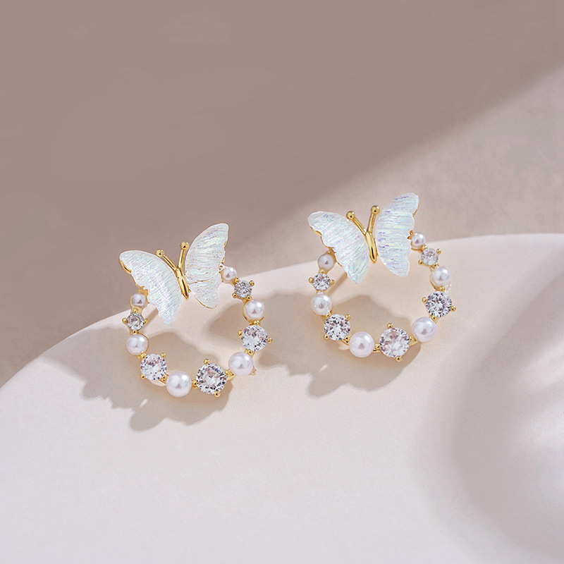 Title 2, Silver Needle Circle Butterfly Studs Women