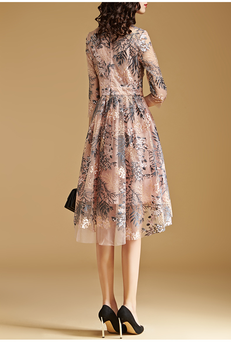 Mid-Length Embroidered Mesh Lace Dress