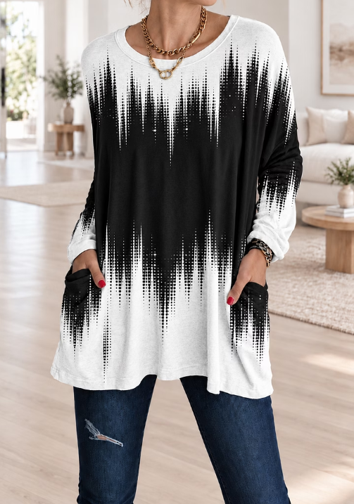 Black & White Gradient Dotwave Long Sleeve Tunic Top With Pockets product image
