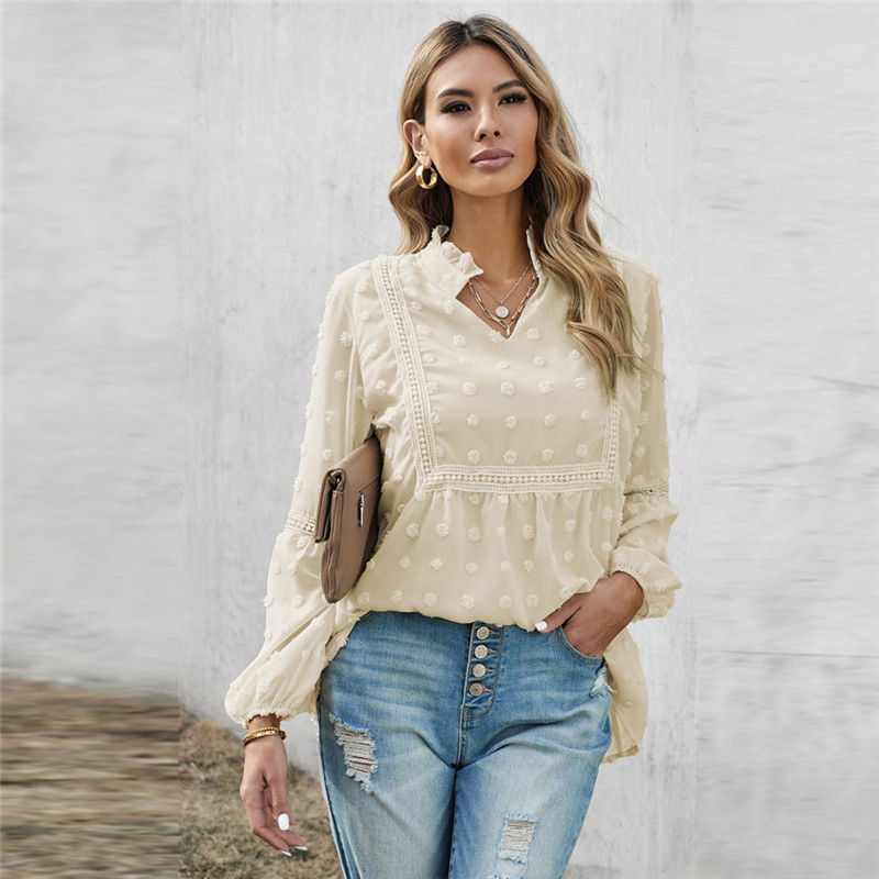 European And American Solid Color Chiffon Shirt Women European And American Lace Pullover V-neck Blouse