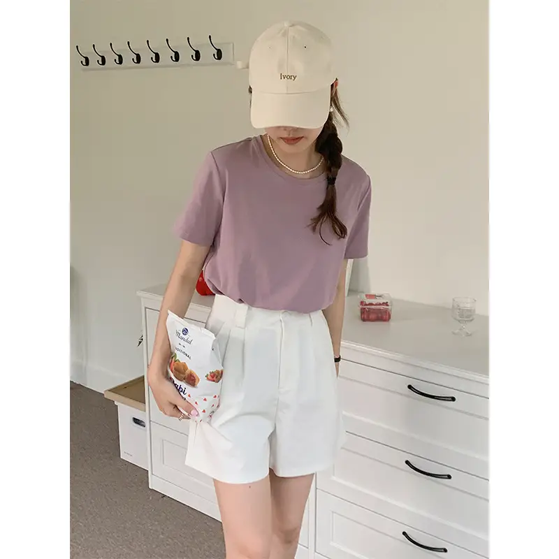 Women's Solid Color Round Neck Loose And Slim Short Sleeve T-shirt
