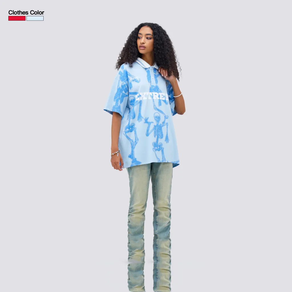 Skull Digital Print Loose POLO Neck Short Sleeve - Blue