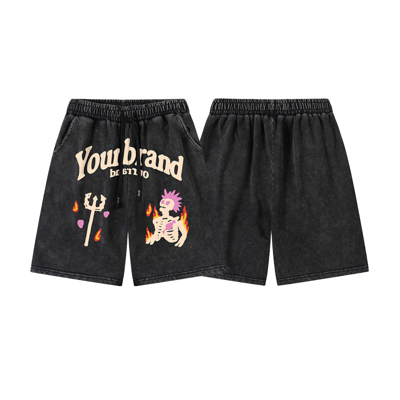 American Skull Fashion Brand Shorts Summer Straight Washed