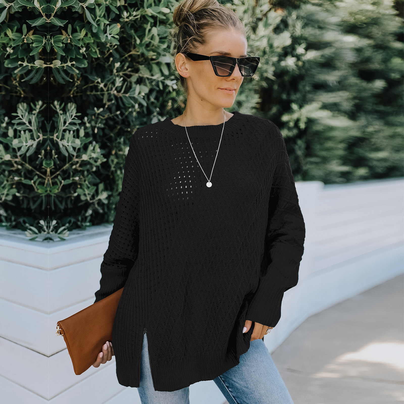 Title 9, Round Neck Long Sleeve Hollow Knit Sweater Wome...