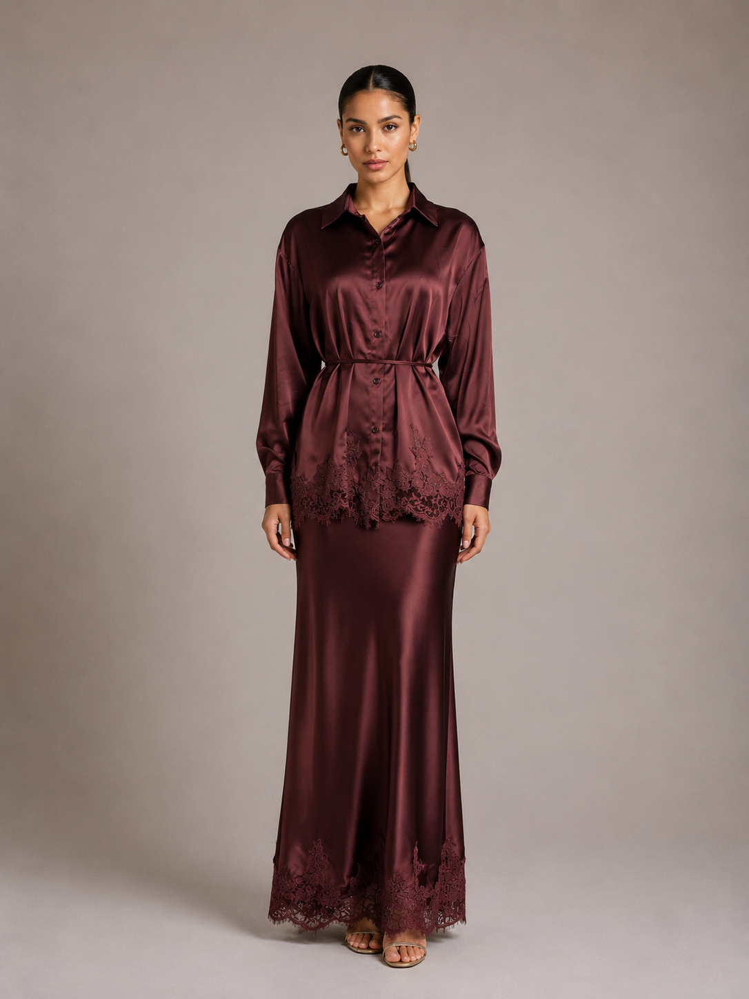 Gloss Satin Collared Lace Hem Shirt & Maxi Skirt 2 Piece Matching Co-ord Set
