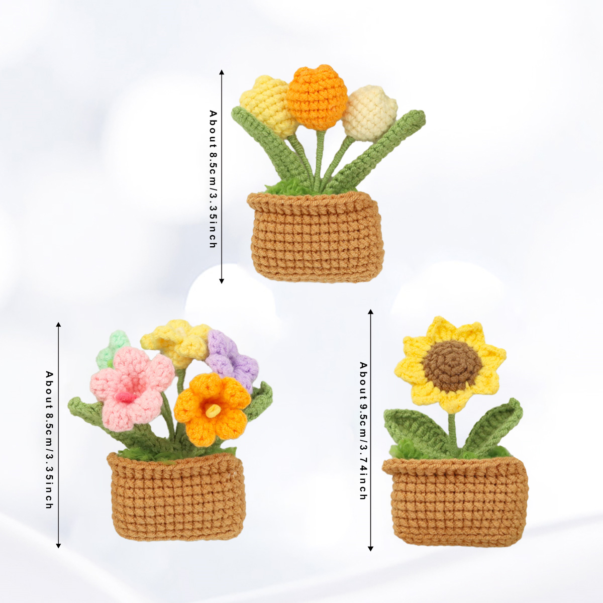 Handmade Crochet Square Flower Pot Blossom Three Piece Set With Sunflower Tulip Multicolored Flower Cluster Soft Yarn Everlasting Crochet Decor Indoor Home Magn