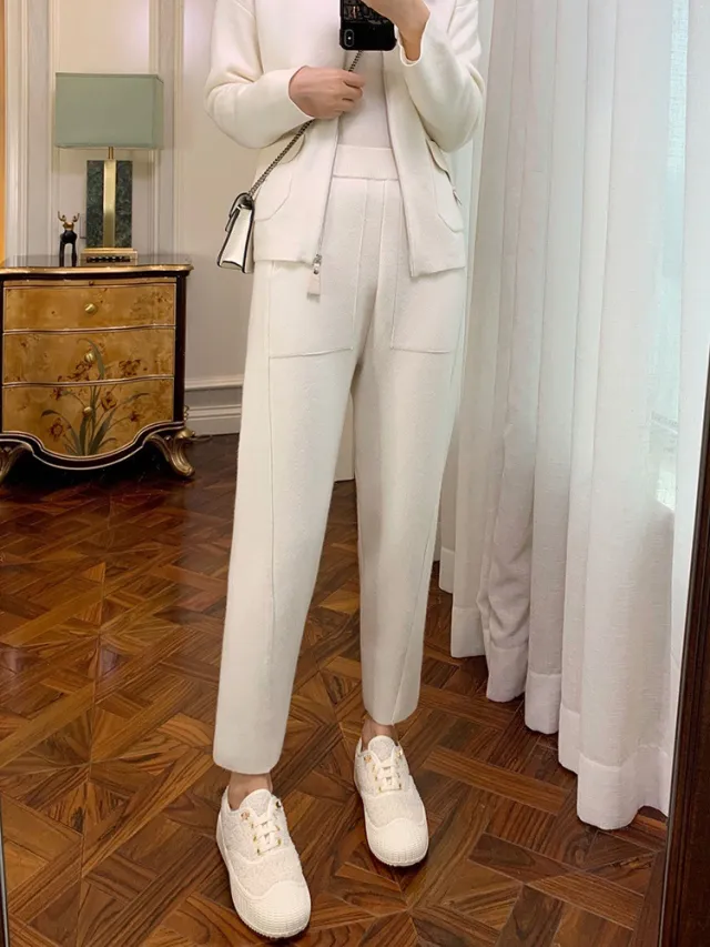 New Spring And Autumn Loose Knitted Straight Leg Trousers Beige - Shop at LoveMi