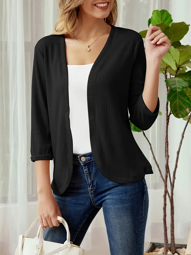 Seven Sleeves Solid Color Waffle Knit Cardigan Black - Shop at LoveMi