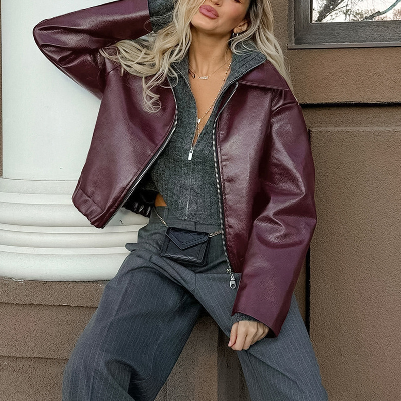 Vintage Style Women's Solid Color Faux Leather Jacket, Zip-Up Biker Jacket With Lapel Collar Casual Coat