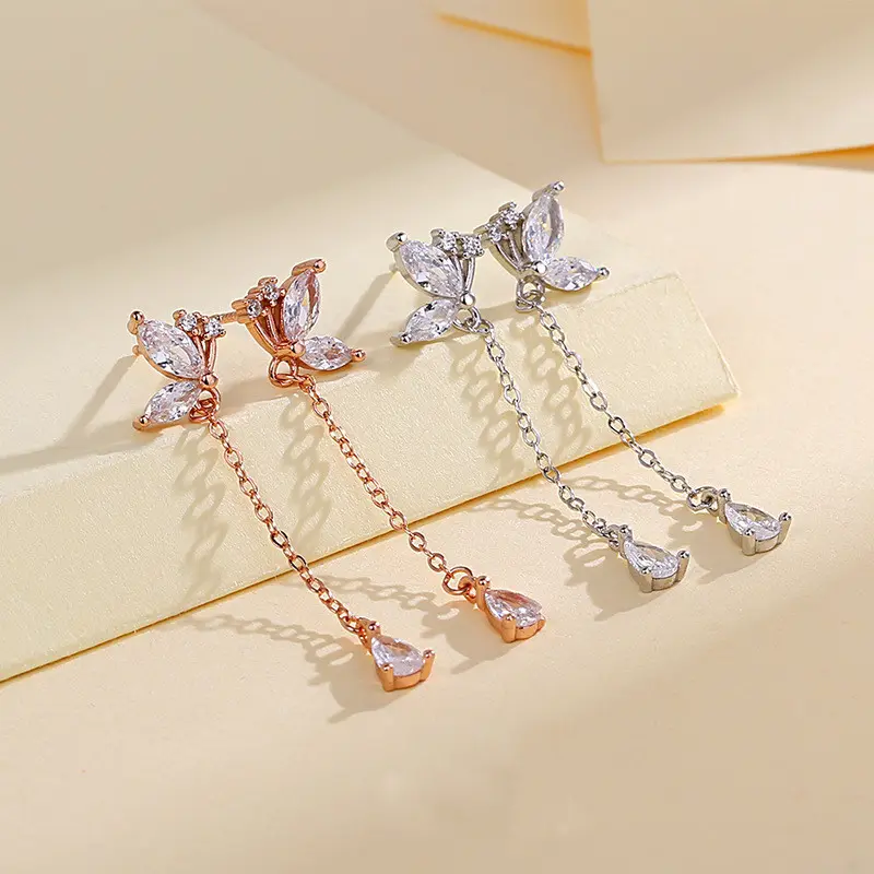 S925 Butterfly Zircon Tassel Earrings Women's Niche Exquisite Long