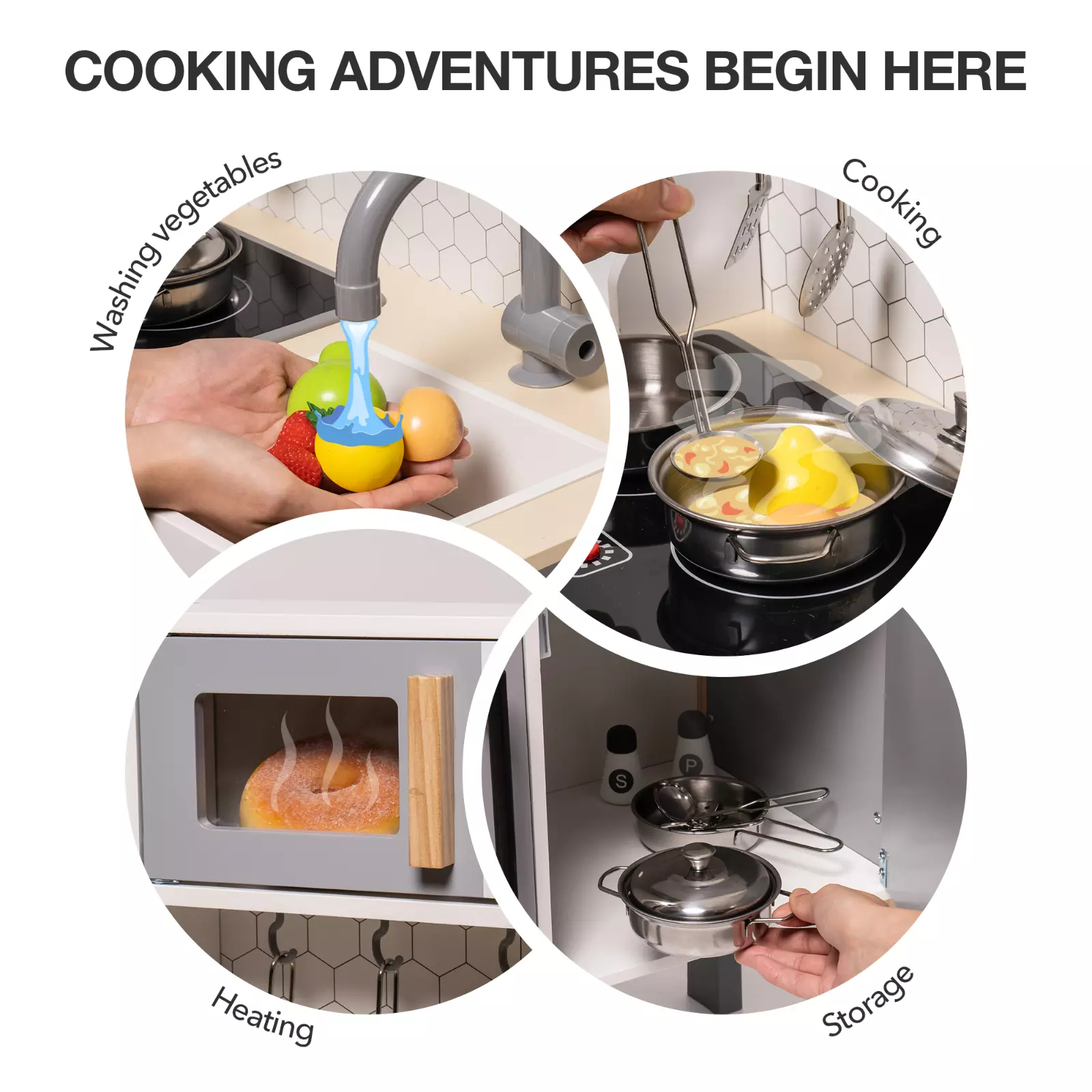 DIY Kitchen Cooking Toy Set Gray. Product Name: Children's Kitchen Chef Pretend Playset. Topic: Kids Construction Toys. Brand Name: ROBOTIME. Material: Wood. Size: 22.8 x 11.4 x 24.4 inches. Weight: 20.3 pounds.