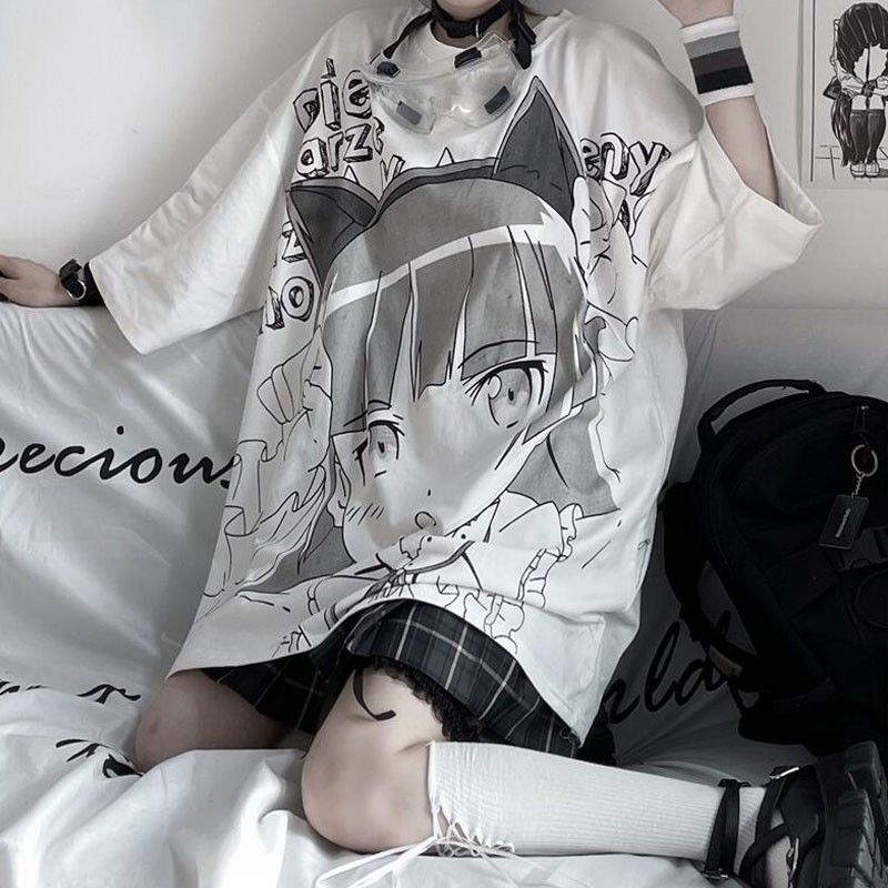 Japanese Anime Print Loose White Short Sleeve Top