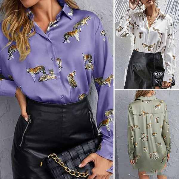 Printed Long Temperament Commute Purple White Green Long-sleeved Lapel Single Breasted Pullover Shirt