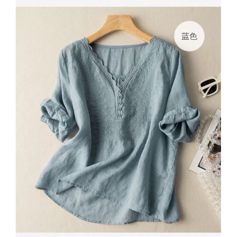 V-Neck Embroidered Linen Cotton Blend Short Sleeve Blouse