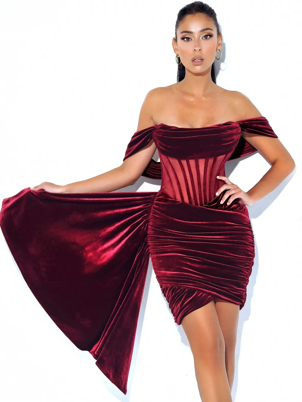 Women's Velvet With Breast Sexy Evening Dress - Red