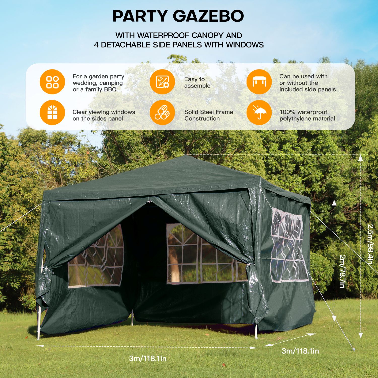Outdoor Event Gazebo Tent, 3x3M Waterproof Party Marquee With 4 Side — image 4