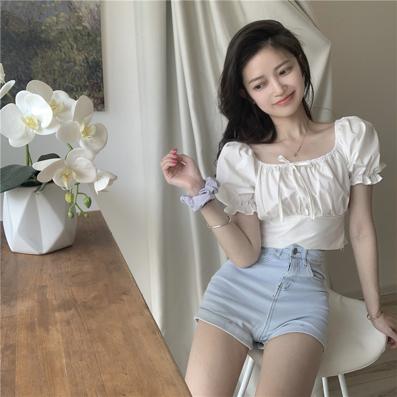 Title 13, Puff Sleeve Retro High Waist Slim Short Sleeve