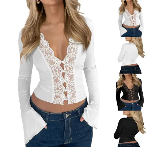 Slim V-neck Lace Button T-Shirt Fashion Trumpet Sleeve Long-sleeved