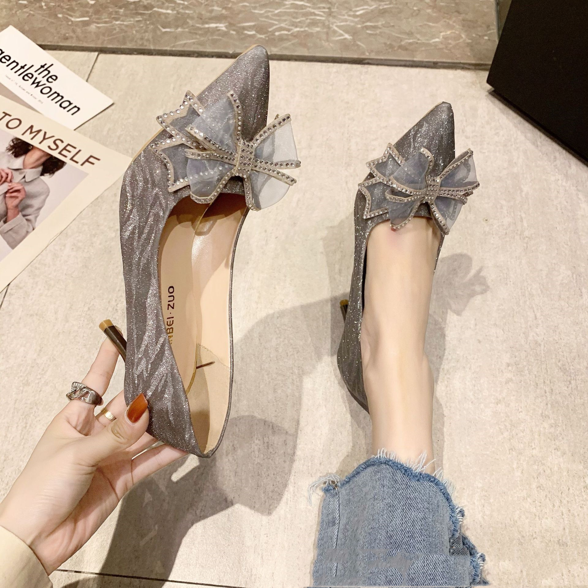 Pointed Toe Bow Knot Baotou Rhinestone Stiletto Crystal Bridesmaid Shoes High Heels Grey - Shop at LoveMi