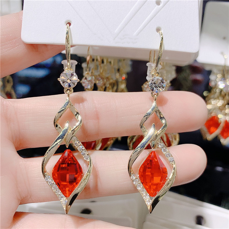 Geometric Diamond Crystal Temperament Long Style Diamond Fashion Mesh Red Earrings