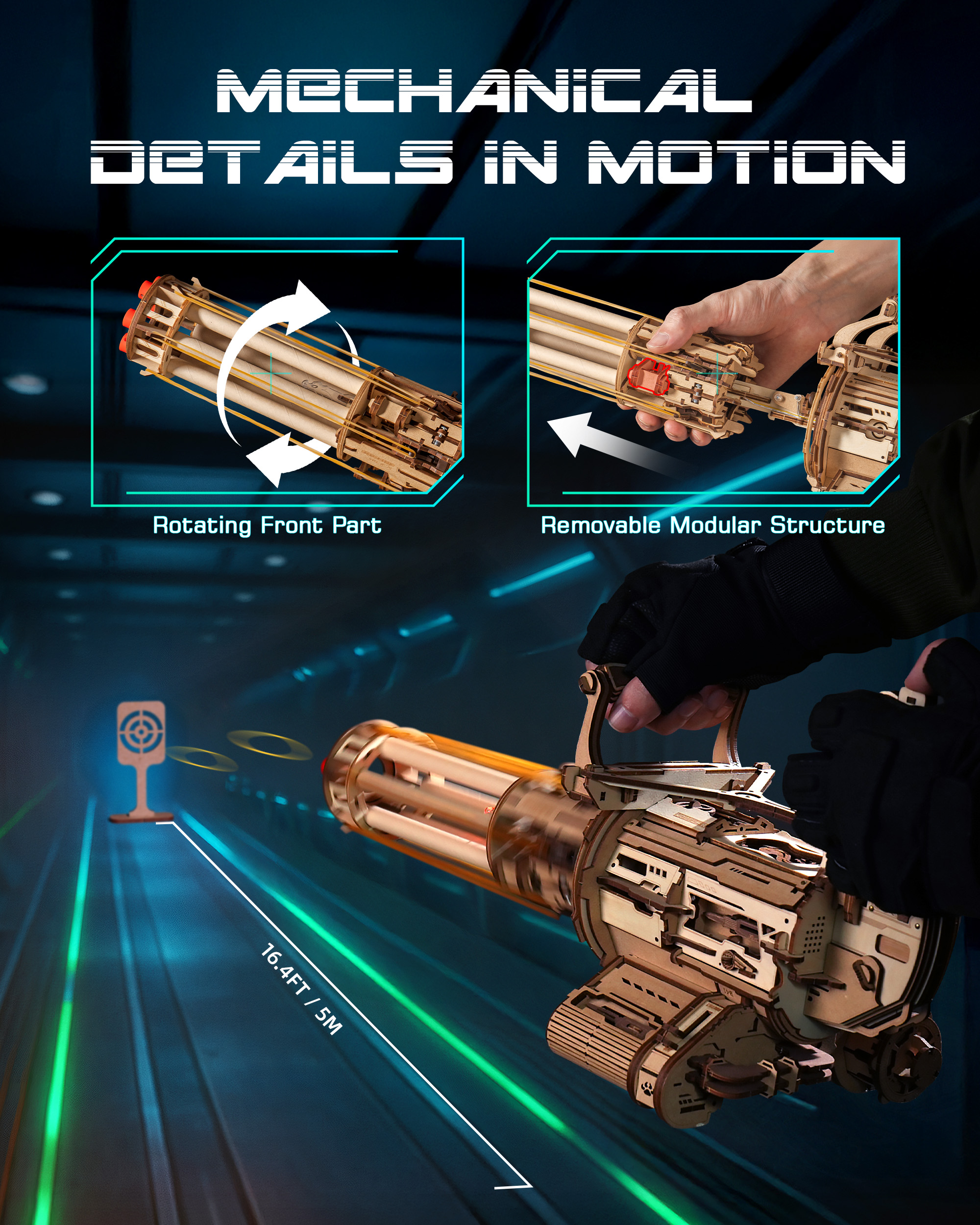 ROKR 3D Puzzle Gatling Gun Model, Adult Wooden 3D Puzzle Rubber Band Gun Toy, Rotating Barrel Machine Gun, Wooden Model Craft Set, Cool Hobby Birthday Gift, Suitable For Males And Teenagers 14 And Up