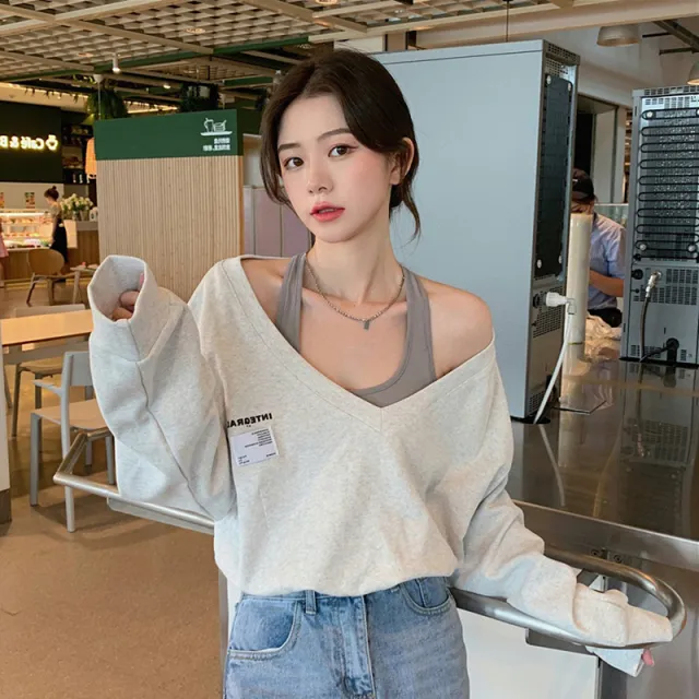 Fake Two piece V neck Sweater Women's Thin Loose Top White Grey - Shop at LoveMi