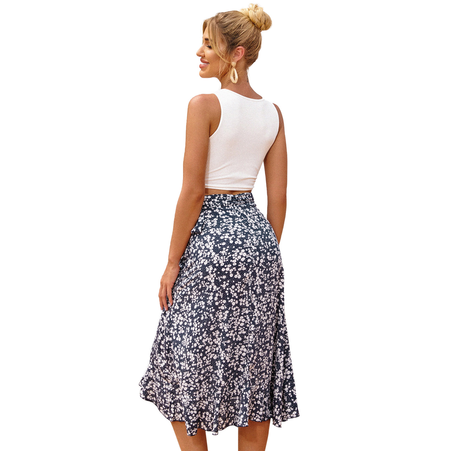 Retro Holiday Irregular Floral Wave Side Lace-Up Skirt