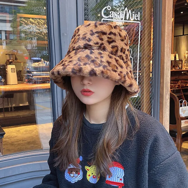 Faux Rabbit Fur Fisherman Hat Warm Pure Color Ear Protection Plush Leopard Pattern - Shop at LoveMi
