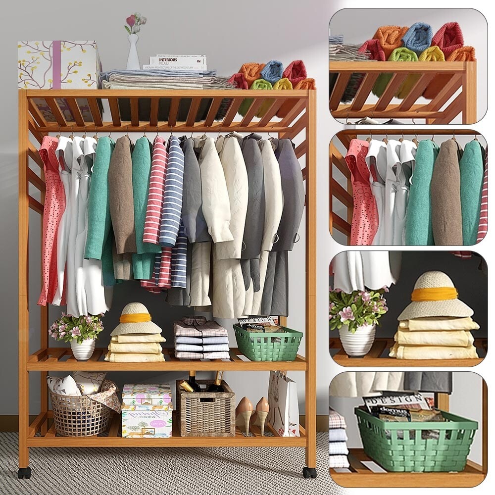 Heavy Duty Wooden Clothes Rail Rack Garment Hanging Stand Corner Open Wardrobe — image 5