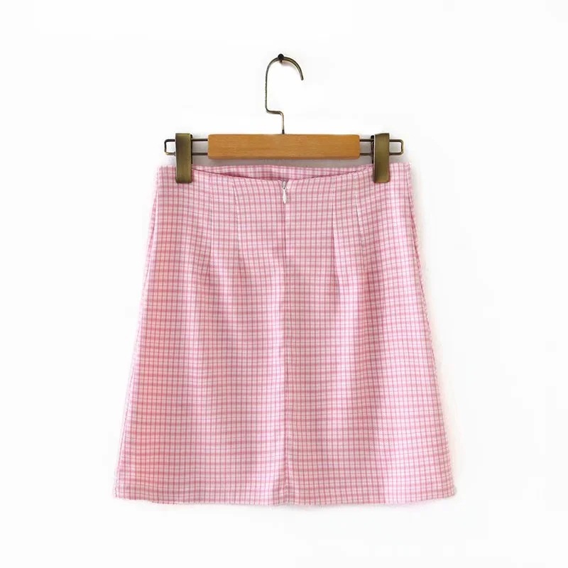 Contrast Color Small Plaid Split A- Line Skirt