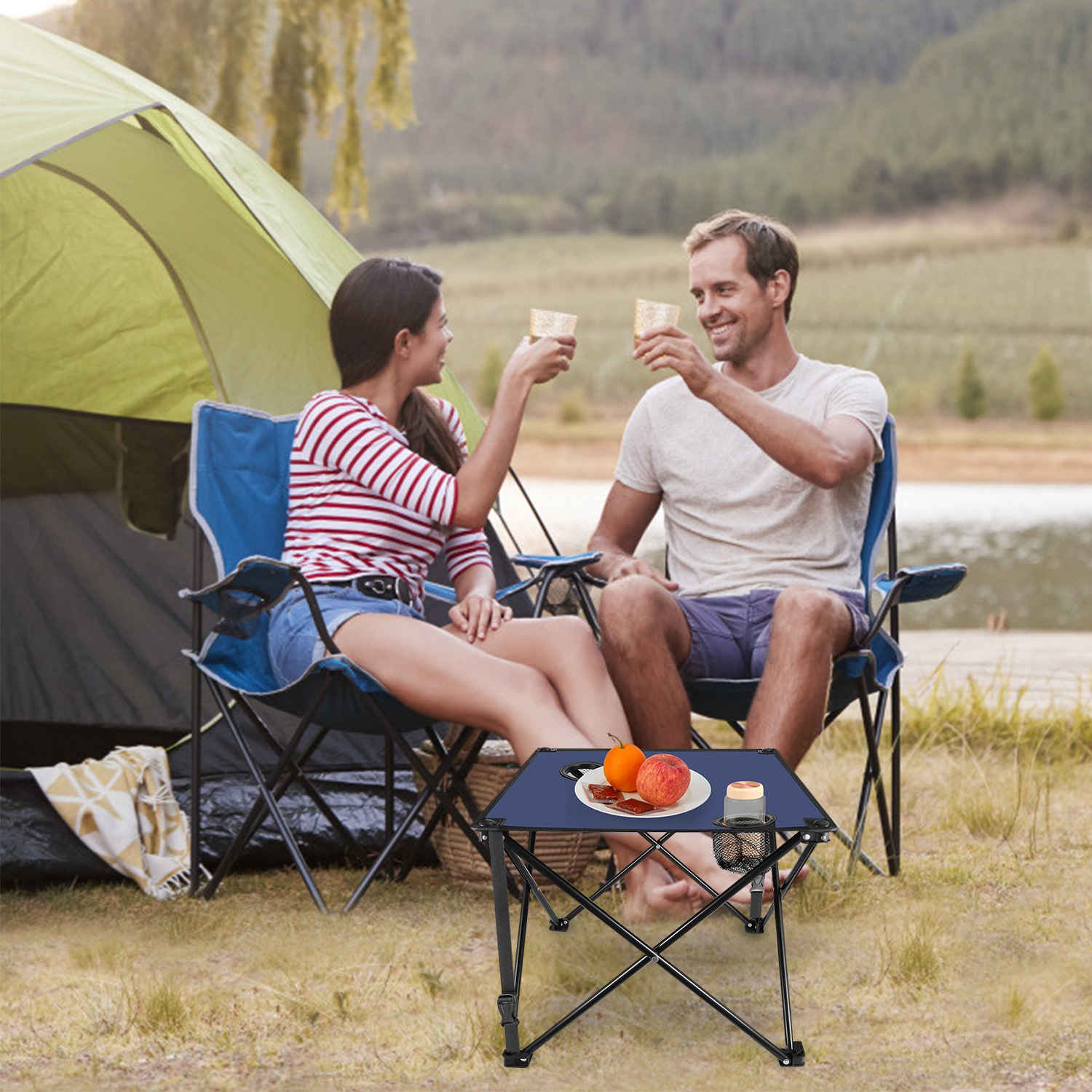 1Pc 2Pc Options Foldable Camping Table Portable Picnic Table Lightweight Travel Desk With 2 Cup Holders Carrying Bag Color Options Black Orange Green Red Blue Navy Blue image 27