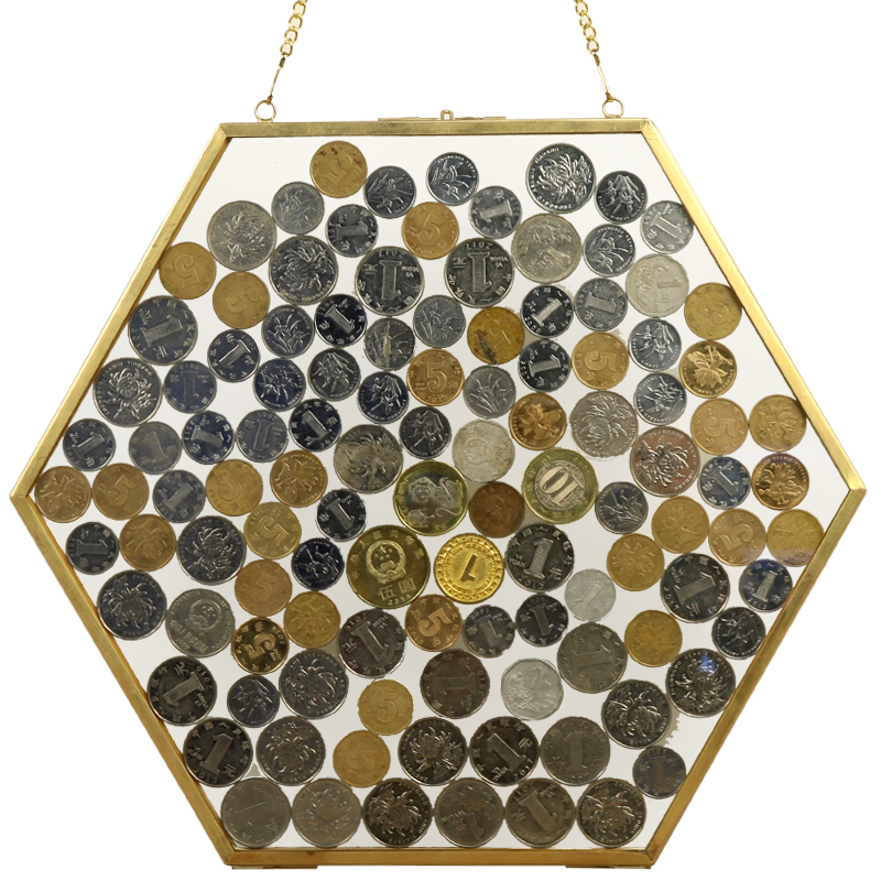 Hexagon coin frame glass transparent specimen (gold-g)