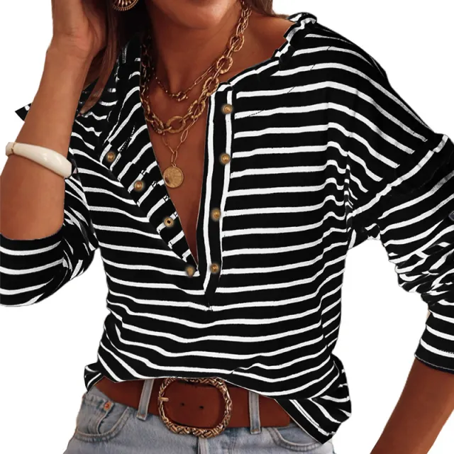 Women's Striped Top Long sleeve Button Black - Shop at LoveMi