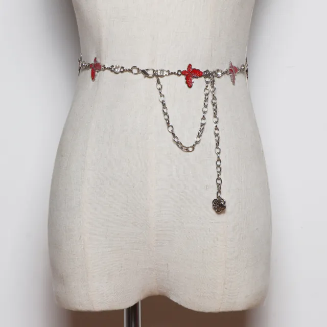 Metal Waist Chain Women's Thin Belt With Skirt Butterfly Decoration Dress Red - Shop at LoveMi