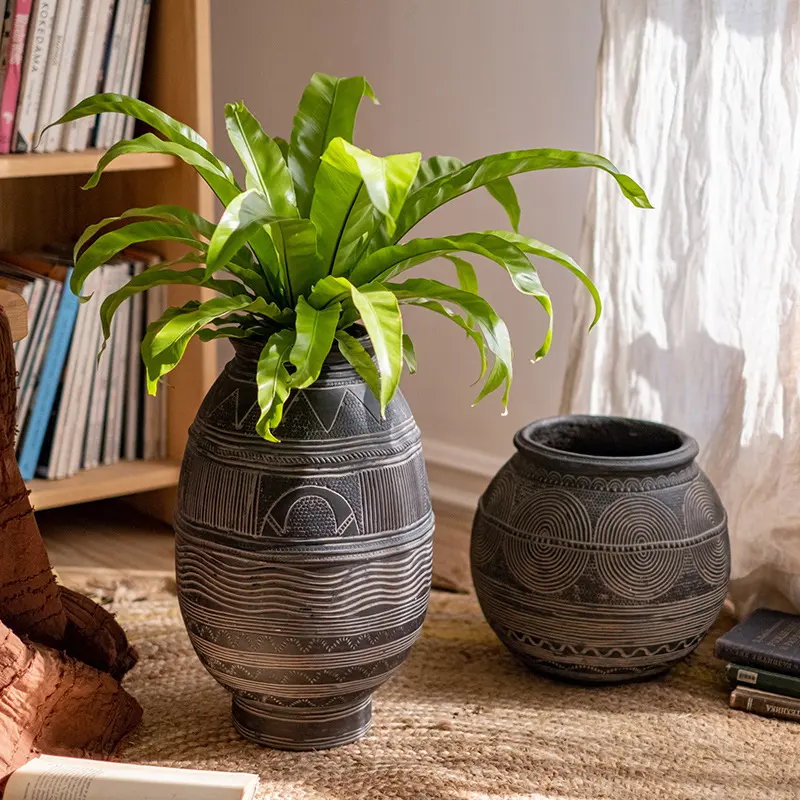 African Art Ancient Pot Flower Cement Decorative Pot Ethnic