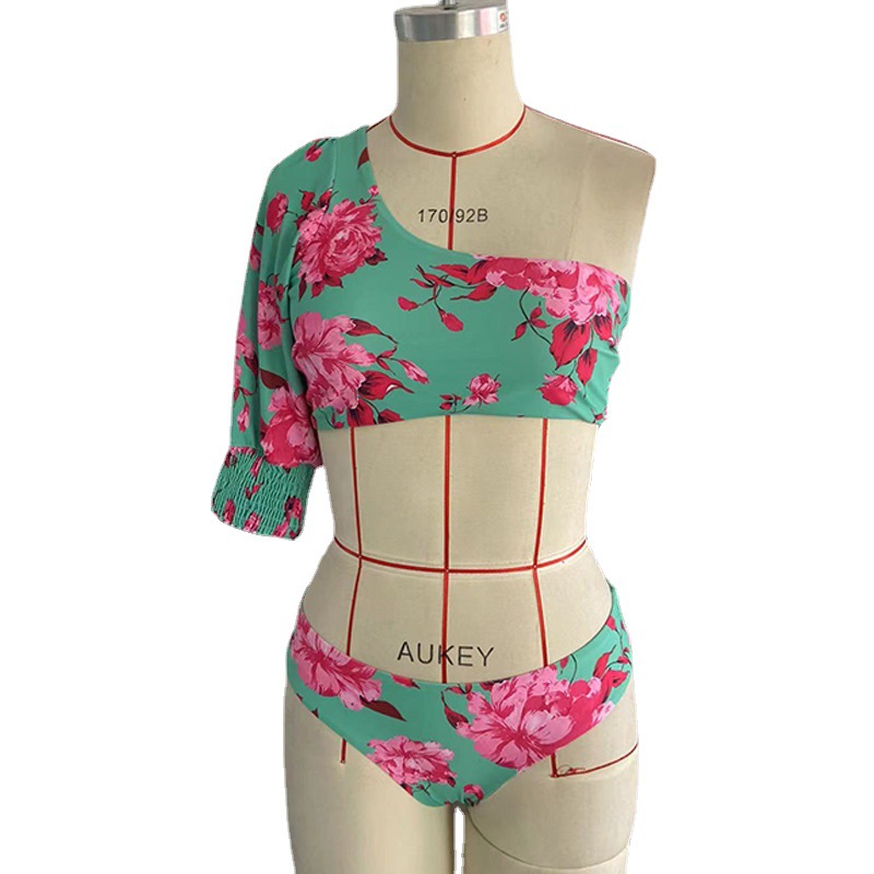 Ladies Swimsuit Printed Bikini One Shoulder Half Sleeve - Image 2