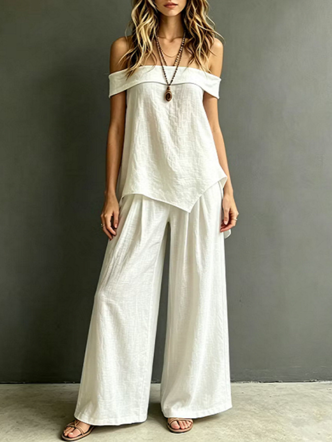 Off Shoulder Irregular Hem Sleeveless Linen Top & High Waist Wide Leg Pants Casual Two Piece Vacation Outfit Set